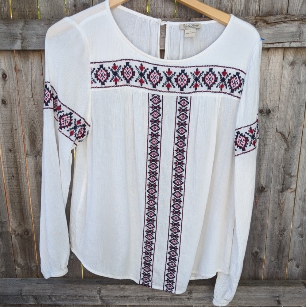 Lucky Peasant Blouse Boho White Red Blue M Cotton